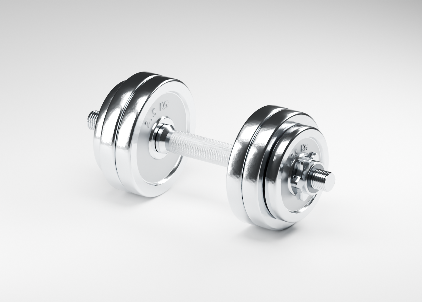 Chromen dumbbell met zes halterschijven en stervormige sluitmoeren op een witte achtergrond